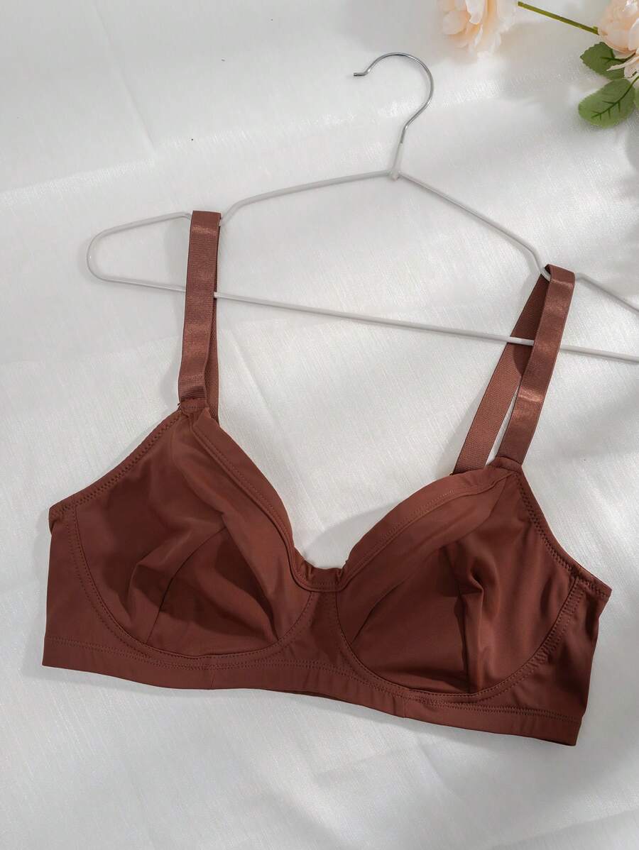Plus Size Casual Brown Fabric Bra Medium Stretch Comfortable Daily Wear Lingerie Plain Backless Style - Brown - View 1