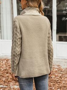 SHEIN LUNE 高領麻花編織不對稱下擺套頭毛衣 - 駝色 - 查看 2