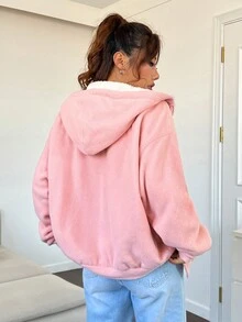 SHEIN EZwear 落肩袖抽繩連帽毛絨內襯夾克 - 粉色 - 查看 2