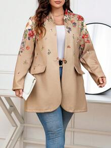 SHEIN LUNE Plus Floral Print Flap Detail Overcoat - Apricot - View 3