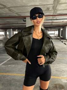 SHEIN Essnce 翻蓋口袋細節摩托夾克 - 綠色 - 查看 5