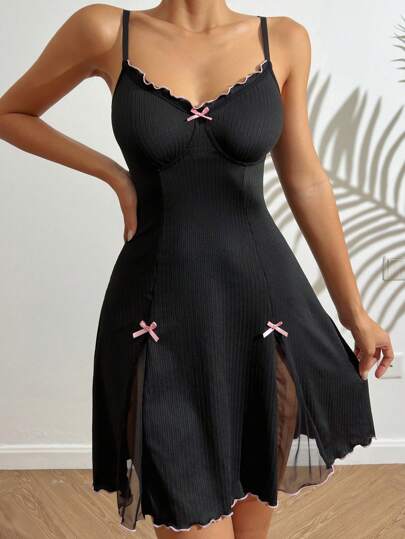 ZzzCrew 生菜边饰蝴蝶结前网眼插入吊带睡衣睡裙