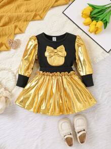 女嬰前蝴蝶結泡泡袖T恤和裙子 - 彩色 - 查看 1