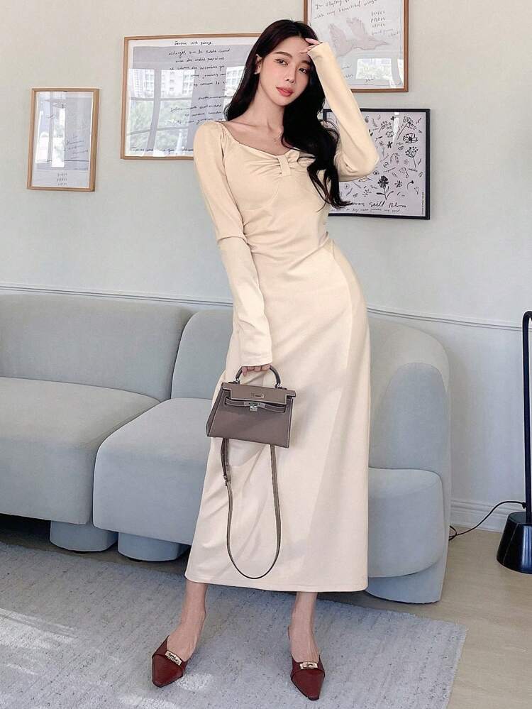 Solid Ruched Front Split Back Dress,Fall Dress Long Sleeve Dress Maxi Dress