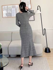 Dazy Star Solid Surplice Neck Mermaid Hem Dress,Fall Clothes - Dark Grey - View 2