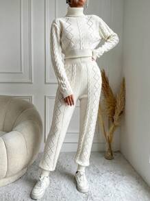 EURMUSE 2 Piece Turtleneck Cable Sweater Set - White - View 1