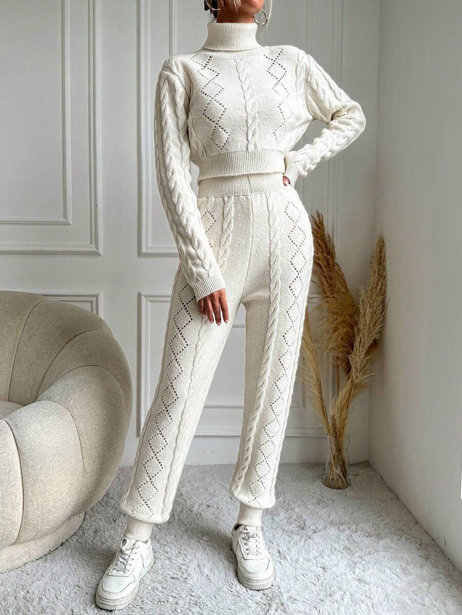 EURMUSE 2 Piece Turtleneck Cable Sweater Set - White - View 1