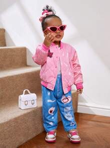 SHEIN Baby Girls' Street Style Diamond Grid Faux Sequin Patterned Fleece Jacket - Pink - View 6