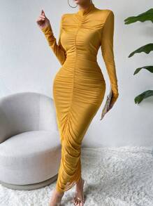 Chiquease Cổ giả Xù Váy bodycon - Màu vàng - Xem 5