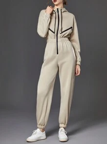SHEIN Unity Zipper Front Elastic Waist Drawstring Hooded Jumpsuit - Apricot - View 3