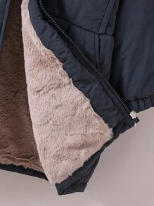 SHEIN 年轻女孩休闲毛绒领拉链外套，落肩，加厚棉服 - 藏蓝色 - 查看 6