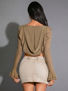SHEIN BAE 荷葉邊荷葉袖短款T恤 - 卡其色 - 查看 2