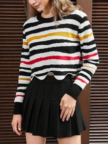 SHEIN EZwear Striped Pattern Scallop Hem Crop Sweater - Multicolor - View 3