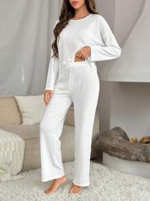 Drop Shoulder Tee & Pants Lounge Set - White - View 5