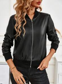 EMERY ROSE Zip Up Leather Look Bomber Jacket Fall Winter Cloth For Women