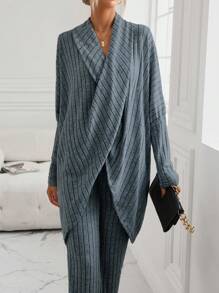 SHEIN LUNE Batwing Sleeve Wrap Cross Top & Flare Leg Pants - Dusty Blue - View 4
