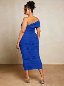 SHEIN BAE 大碼單肩褶邊緊身洋裝 - 寶藍色 - 查看 2