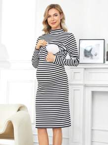 Maternity Striped Print Split Hem Mock Neck Slit Hem Nursing Dress - Black and White - View 1