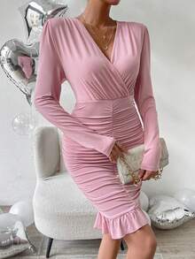 SHEIN Privé Surplice cổ Xù Xù Hoa Sen Váy bodycon - Hồng - Xem 5