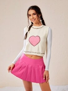 SHEIN EZwear 女款無袖毛衣背心,心型刺繡與褶邊領口細節