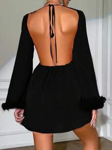 Zolique Flare Sleeve Dress With Fur Cuff Accents Fall Cloth For Women