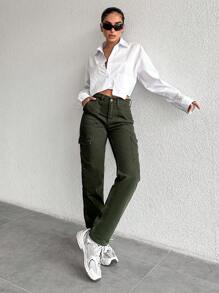 SHEIN Cottnline Women Utility Jeans - Green - View 3