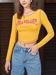 SHEIN EZwear Letter Graphic Contrast Stitch Crop Tee - Yellow - View 4