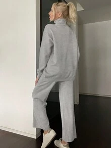 High Neck Drop Shoulder Sweater & Knit Pants - Grey - View 2