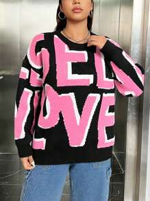 SHEIN EZwear Hơn Mẫu chữ Thả vai Áo len - màu đen - Xem 1