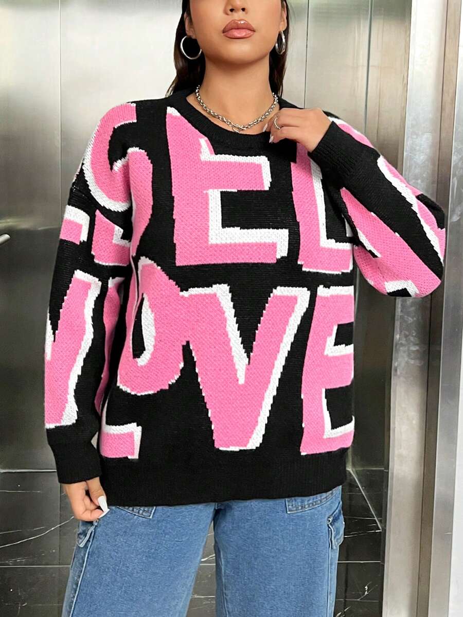 SHEIN EZwear Hơn Mẫu chữ Thả vai Áo len - màu đen - Xem 1