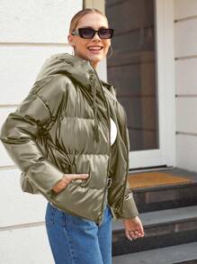 EURMUSE Ladies Solid Color Short Hooded Zipper Padded Jacket - Beige - View 5