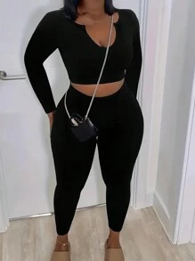 INAWLY Plus Notched Neck Crop Tee & Leggings - Black - View 1