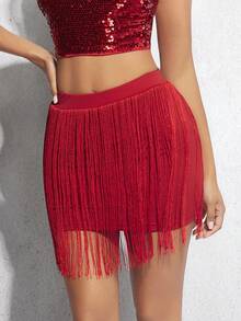 SHEIN BAE Solid Fringe Trim Bodycon Skirt - Red - View 4