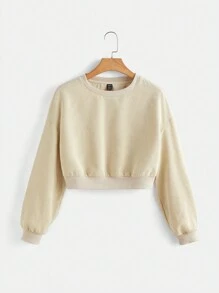SHEIN EZwear 素色落肩袖條紋針織短款運動衫 - 杏色 - 查看 1