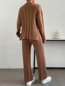 SHEIN Essnce 落肩袖套頭毛衣和針織褲 - 棕色 - 查看 2