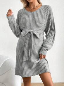 SHEIN Vestido De Maternidad Con Cuello Redondo Y Manga Larga Raglan Ajustado Con Costillas - Gris - Ver 4