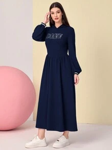 Mulvari Thêu Chữ Sọc trang trí Đàm áo cánh có mũ - Màu xanh hải quân - Xem 5