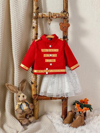 SHEIN Retro Pałacowy styl Dziewczynka Stylizacja Ubrania , Kołnierz Rozpinane Swetry Kurtki + Szydełkowany Siatka Półdługość Spódnica tiulowa , Śliczny I Słodki Garnitur Na imprezę Okazje , Wiosna I Jesień