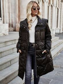 SHEIN LUNE Abrigo con bolsillo oblicuo con capucha - Negro - Ver 6