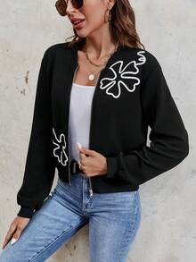 SHEIN Essnce Floral Print Zip Up Bomber Jacket - Black - View 3