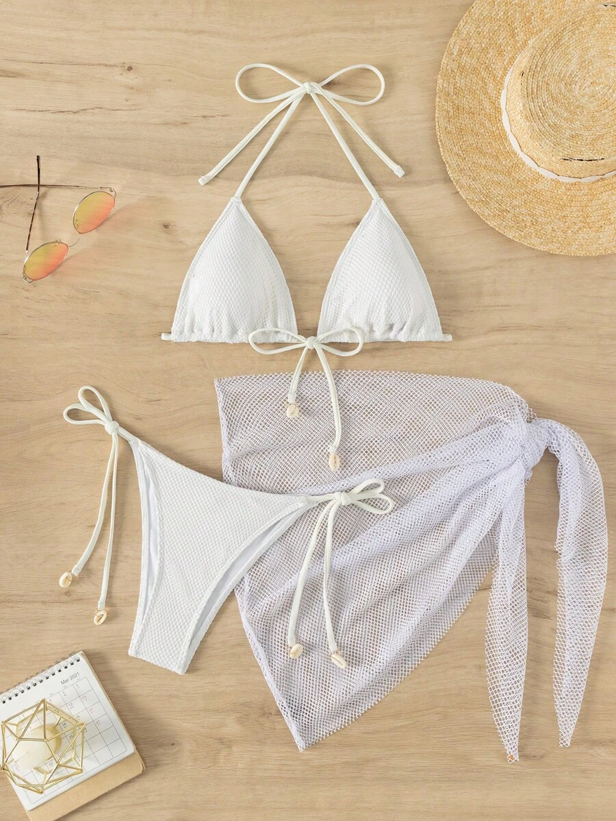 Conjunto De Trajes De Baño Para Mujeres De Tres Piezas En Color Sólido - Blanco - Ver 1