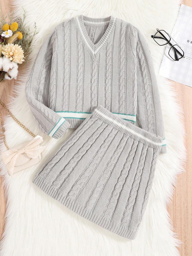 Girls' Preppy Style Sweater And Dress Set With Knitwear For Autumn And Winter