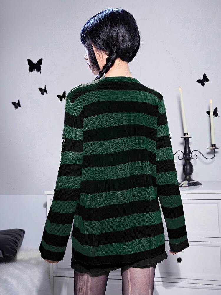 Teen Girl Striped Pattern Ripped Sweater