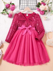 SHEIN Tween Girl Contrast Sequin Mesh Hem Belted Dress - Hot Pink - View 1