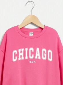 SHEIN 女大童字母圖案落肩袖加絨內裏運動衫 - 玫紅色 - 查看 4