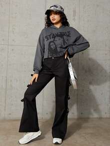 SHEIN Thiếu niên Cô gái áo có mũ In Áo len crop Với Chân dung & Mẫu chữ - Xám - Xem 4