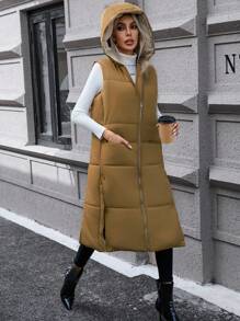 SHEIN Privé Dây kéo áo có mũ Áo gi lê Lông vũ - Màu nâu  Mocha - Xem 6