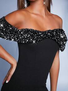 Hauture Off Shoulder Contrast Sequin Bodycon Mini Dress