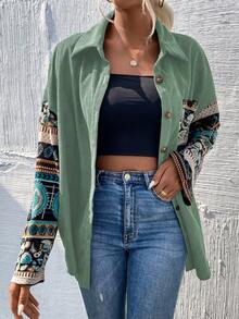 SHEIN LUNE In Thực vật Thả vai Đã vá Túi Áo khoác vải nhung - Màu xanh Bạc hà - Xem 4