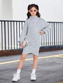 SHEIN Bé gái tuổi teen Áo cao cổ Thả vai Viền hoa tulip Đầm - Xám - Xem 6
